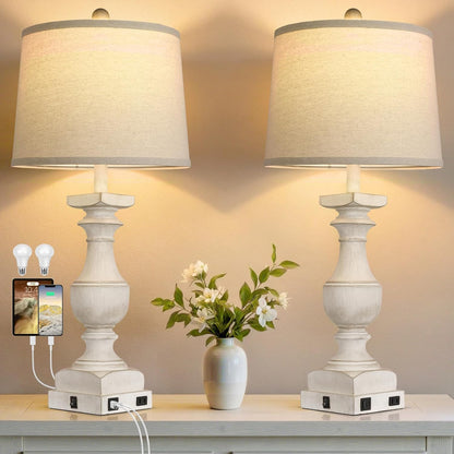 28'' Washed White Resin Table Lamp Set of 2,Beside Lamp with USB Port | Rocker Switch, 2 Bulbs Included, 6W, 2700K Warm Light, Farmhouse Bedside Lamp for Nightstand, Desk, Livingroom, Bedroom Decor1