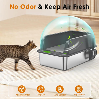 2PACK Stainless Steel Litter Box, Extra Large Litter Boxes for Big Cats, XL Metal Cat Litter Box with Lid High Sides, Anti-Urine Leakage, Non-Sticky, Scoop Included6