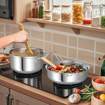 12 Piece Pots & Pans Set, Stainless Steel Cookware Set with Tempered Glass Lids, Handles & 3-Ply Base, 4 Stockpots, 1 Frying Pan & 1 Sauce Pan for Stovetop, Induction, Halogen3