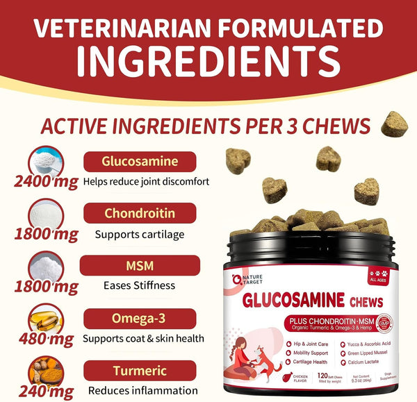 NATURE TARGET Glucosamine for Dogs, 120 Soft Chews, Chicken Flavor | Joint Supplement with Chondroitin, MSM, Omega-3,Hemp for Pain Relief, Hip & Joint Chews for Dogs with Calcium for Bone Health3