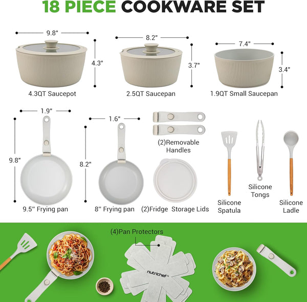 18-Piece Ceramic Cookware Set with Detachable Handles, Space-Saving Nonstick Pots, Pans & Lids, Oven-Safe Bowls, Stackable Storage, Includes Cooking Utensils & Accessories (Green)8