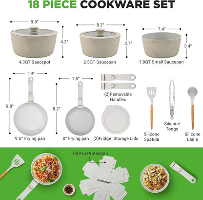 18-Piece Ceramic Cookware Set with Detachable Handles, Non Stick Pots and Pans, Ptfe-Free Natural Ceramic Coating, Space-Saving Design, Oven & Stove Safe, Includes Utensils, Green8
