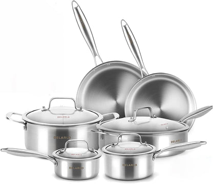 Tri-Ply Stainless Steel Kitchen Cookware Set with Lid,14-Piece Pot | Heats Quickly and Evenly; Compatible with Induction, Gas, Electric, and Ceramic Cooktops.1