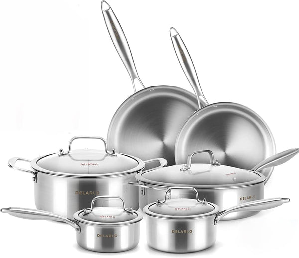 Tri-Ply Stainless Steel Kitchen Cookware Set with Lid,14-Piece Pot | Heats Quickly and Evenly; Compatible with Induction, Gas, Electric, and Ceramic Cooktops.1