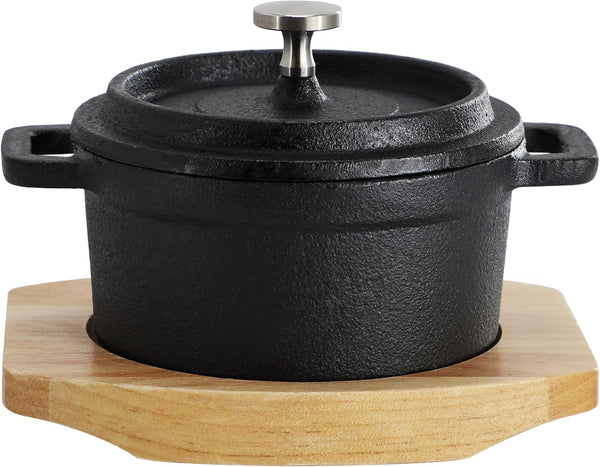 Megachef Cast Iron 8 Ounce Mini Dutch Oven with Wood Tray, Cookware, Bakeware, Serveware (6 Piece)2