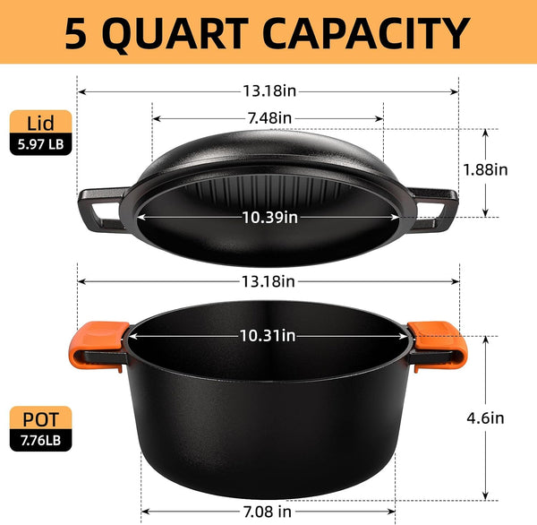 Cast Iron Dutch Oven Pot with Skillet Lid – Pre-Seasoned – Skillet Lid Cooking Pan– Pfas-Free – Cast Iron Skillet Cookware for Bread, Frying, Baking – Dual Handles – Oven, Grill, Campfire & Stovetop Safe – Durable & Non-Toxic, 5QT3