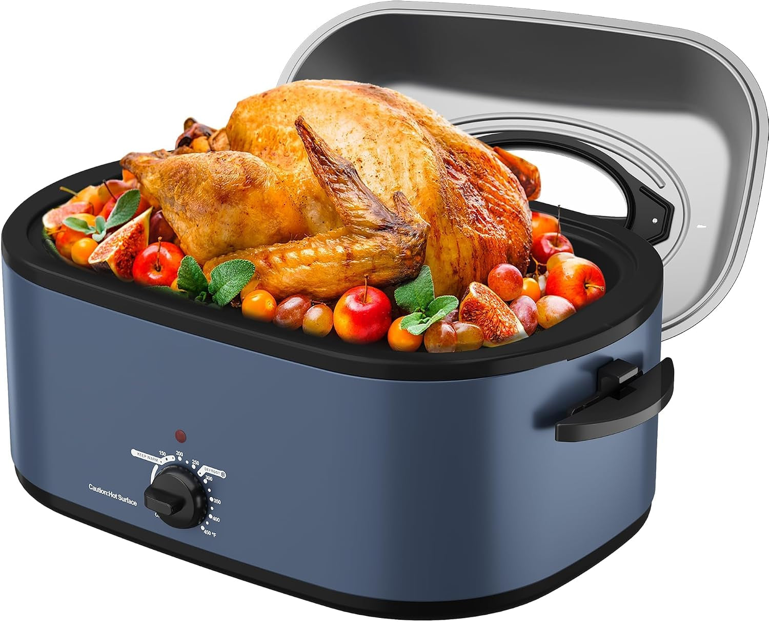 electric-roaster-26-quart-electric-roaster-oven-with-glass-lid-turkey-roaster-oven-buffet-with-self-basting-lid-removable-pan-cool-touch-handles-blue