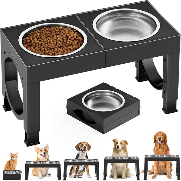 XIAZ Elevated Dog Bowls Large Breed Raised Dogs Bowl Stand Large/Medium Sized Dog Stainless Steel Food Water Bowl Stands 5 Heights Adjustable 9/11/12/14In Black Pet Feeder Dish Station1