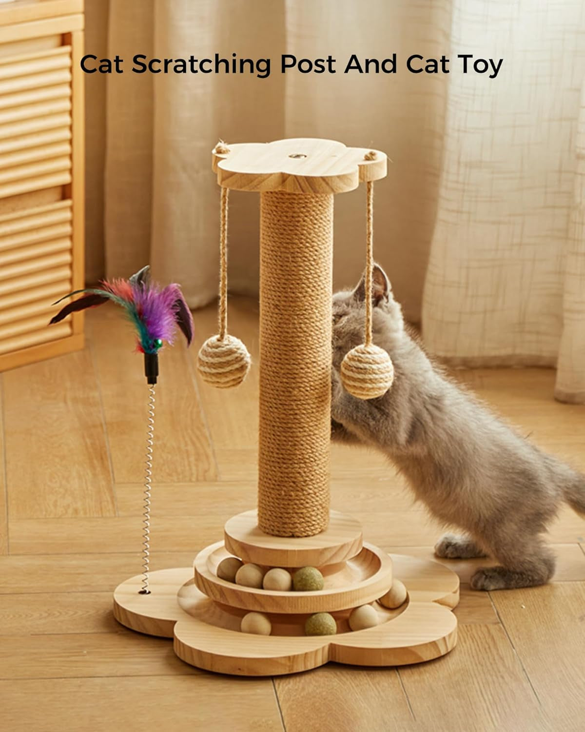 cat-scratching-post-for-kittens-4-in-1-wooden-cat-scratcher-toy-17-7-tall-scratch-post-with-2-level-cat-track-balls-interactive-feather-toy-and-2-sisal-hanging-balls-for-indoor-kittens