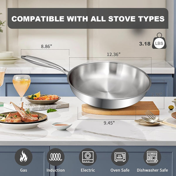 12 Inch Tri-Ply Stainless Steel Frying Pan, Compatible with All Cooktops up to 600℉, Large Frying Pan Induction-Ready Skillet, Dishwasher and Oven Safe, Even Heat, 12" Skillet6