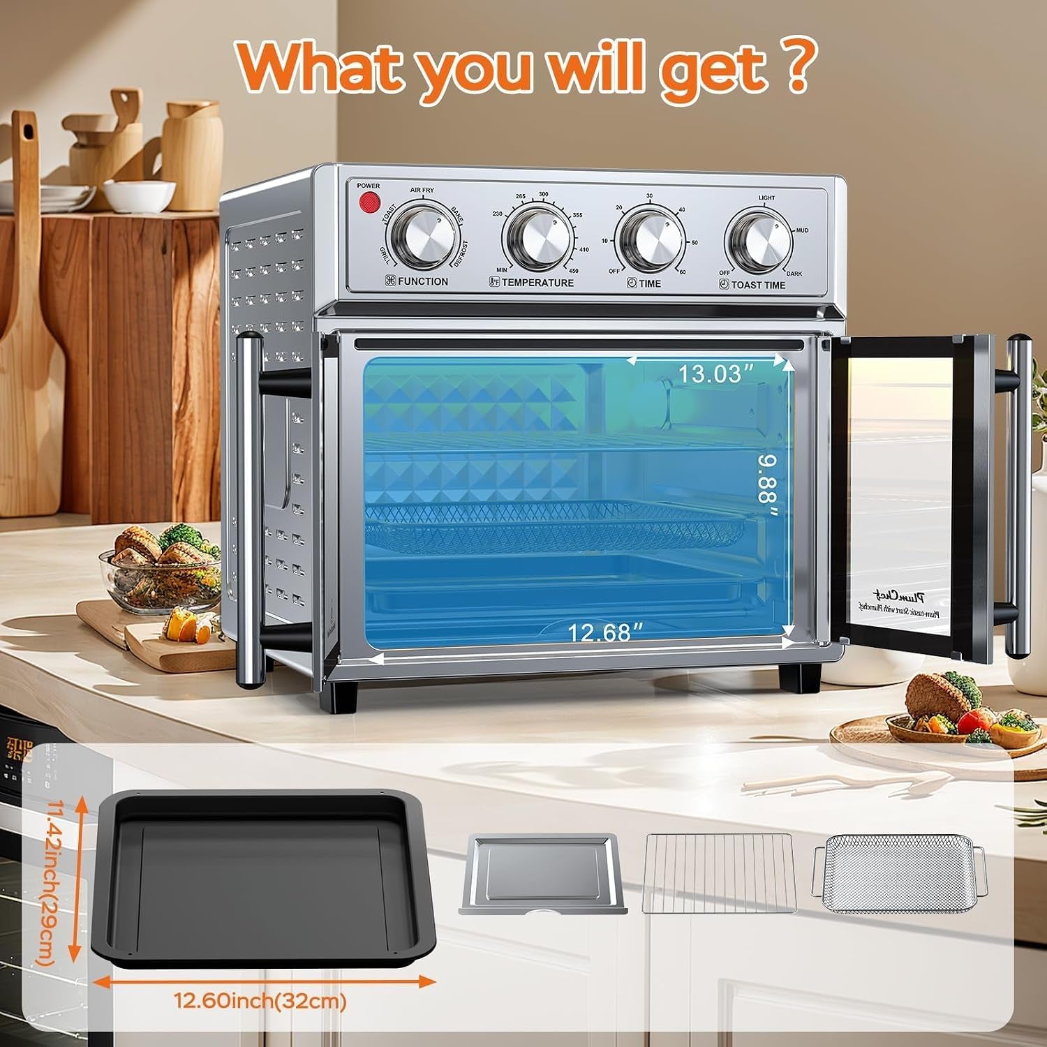 plumchef-27-5-quart-extra-large-6-slices-air-fryer-convection-toaster-oven-french-door-1700w-multifunction-oven-for-air-fryer-toast-grill-defrost-bake-stainless-steel