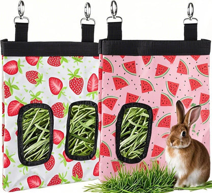 DZWLKJ Guinea Pig Hay Feeder, 2 Pack, 11 X 9 X 1 Inches, Rabbit Hay Feeder Bag, Stainless Steel, 600D Oxford, Watermelon and Strawberry8