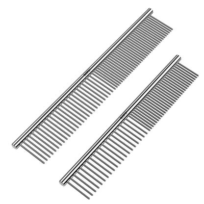 CWXZSTM Pet Steel Combs Dog Cat Comb Tool for Removing Matted Fur - Pet Dematting Comb with Rounded Teeth and Non-Slip Grip Handle - Prevents Knots and Mats for Long and Short Haired Pets,6.5In/7.4In1