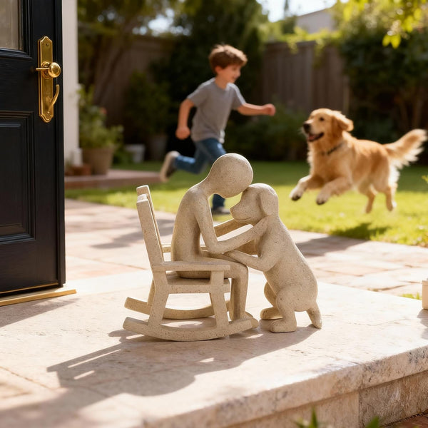 Dog Decor Statue, Cute Man and Dog Decor Small Sculpture for Home Accent, Living Room, Office, Mantle, Bookshelf, Desktop, Floating Shelves, Memory Gifts for Pet Lovers (Sandstone)2