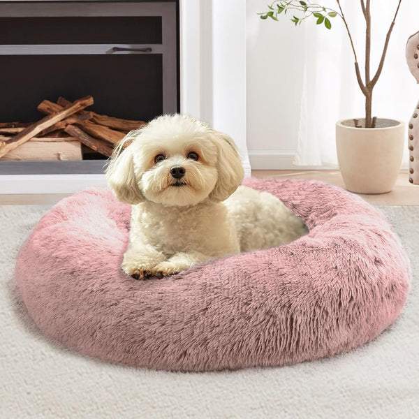 JOLLYVOGUE Small Dog Bed, Calming Dog Beds for Small Dogs & Indoor Cats - 20 Inches Donut Washable Cat Bed for Kittens & Puppies, round Fluffy Plush Faux Fur Pet Beds(Smoke Grey)19