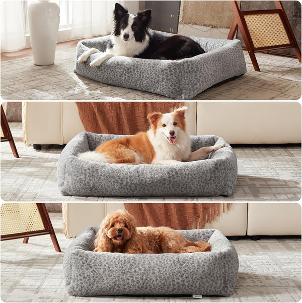 JOEJOY Dog Bed Medium Size Dog, Removable Washable Cover Orthopedic Soft Pet Bed, Anti-Slip Fluffy Plush Faux Rabbit Fur Puppy Bed, 30"X24"X8", Leopard Print, Grey7
