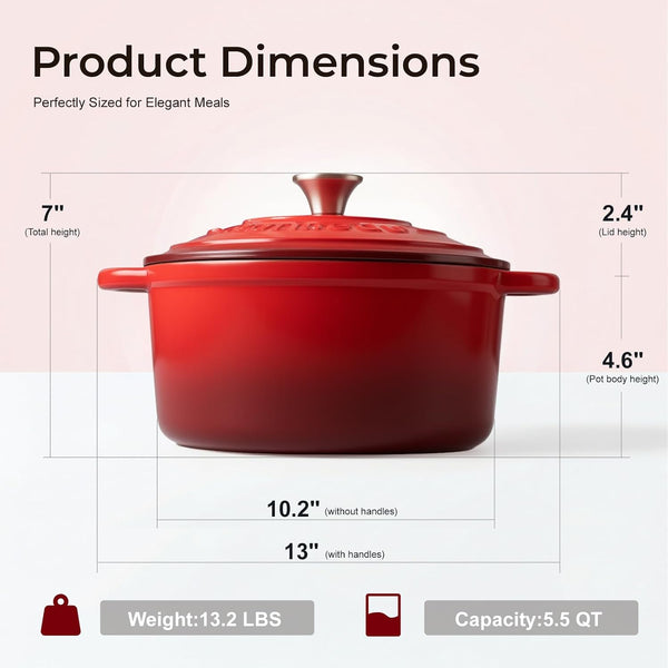 5.5QT Enameled Cast Iron Dutch Oven for Sourdough Bread Baking, Easy Cleaning, Versatile for Stewing, Roasting, Braised Chicken, Soup & More5