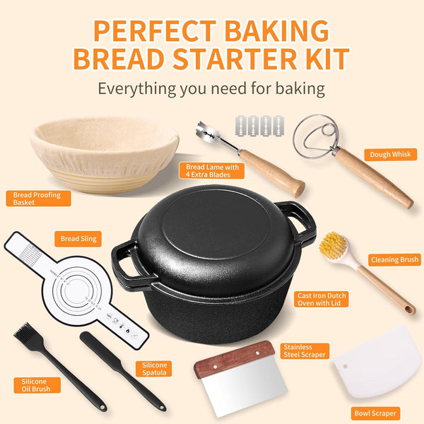 Pre-Seasoned Cast Iron Dutch Oven for Bread Baking - Incl. Sourdough Bread-Baking Supplies like Proofing Basket, 2-In-1 Dutch Oven Pot with Skillet Lid and Dual Handles, Sour Dough Tools, Lame, 5QT9