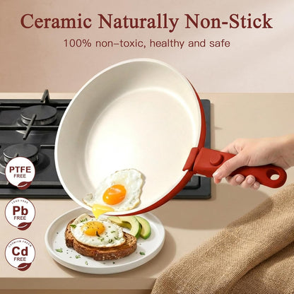 11PCS Ceramic Pots and Pans Set Non Stick, Nonstick Cookware Set Detachable Handle, Red Black Gradien Pots and Pans Induction Kitchen Cooking Sets, RV Cookware Sets for All Stoves5