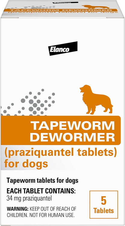 Elanco Tapeworm Dewormer (Praziquantel Tablets) for Dogs, 5 Count (Pack of 1) Praziquantel Tablets for Dogs and Puppies 4 Weeks and Older1