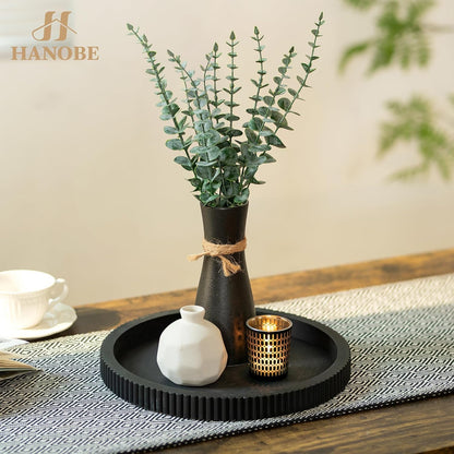 Black Decorative Coffee Table Tray, Scalloped Edge | 12" round Wood Centerpiece Tray, Ideal for Living Room, Entryway Table, Kitchen Island, Fits Modern Decor.8