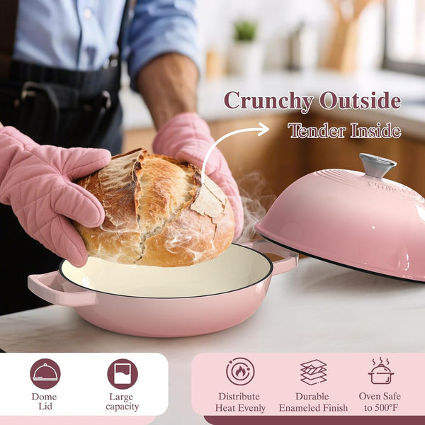 Cast Iron Dutch Oven Pot with Lid, round Bread Oven for Sourdough Bread Baking,  Enameled Cast Iron Bread Oven with Dome Lid & Cotton Potholders for Sourdough, Pink, 6 Quarts6