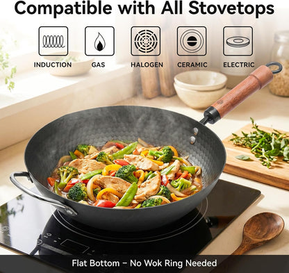 Carbon Steel Wok Pan, 12.6 Inch Flat Bottom Stir Fry Pan with Lid, Uncoated Heavy Duty Iron Wok for Induction and Gas Stoves4