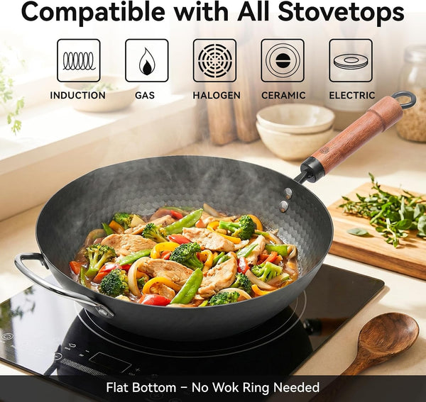 Carbon Steel Wok Pan, 12.6 Inch Flat Bottom Stir Fry Pan with Lid, Uncoated Heavy Duty Iron Wok for Induction and Gas Stoves4