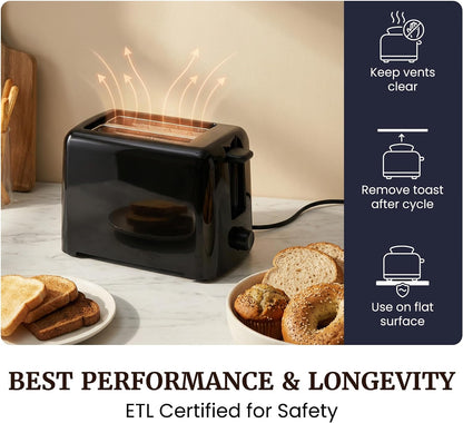 2-Slice Cool-Touch Toaster, Extra-Wide 1.25" Slots, Black | 6 Browning Levels, Fits Bagels & Thick Bread, Cancel Function, Compact & ETL Certified4