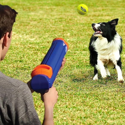 Nerf Dog Tennis Ball Blaster Dog Toy Gift Set, Tennis Ball Dog Fetch Toy Launches up to 50 Ft, Dog Ball Thrower for All Breeds Includes Translucent Blue Tennis Ball Launcher and 3 Dog Tennis Balls7