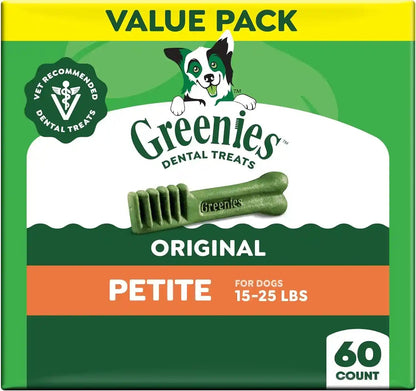 Greenies Petite Natural Dental Dog Treats, Original Flavor, 60 Count | Original Flavor, 47% Less Tartar, Freshens Breath, Natural Ingredients, Vitamins & Minerals, for Dogs 15-25 Lbs, 36 Oz. Pack1