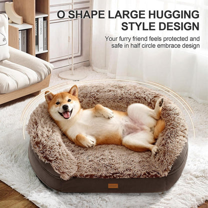 Iweepet Fluffy Orthopedic Dog Beds for Large & Extra Large Dogs, 44" Dog Sofa Bed with Supportive 28D Egg-Crate Foam, Removable Washable Cover, Waterproof Lining, for Puppy,Senior,Sick,Brown2