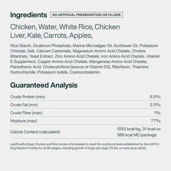 Justfoodfordogs Pantry Fresh Wet Dog Food, Complete Meal or Topper, Chicken & White Rice Human Grade Recipe - 12.5 Oz (Pack of 6)10