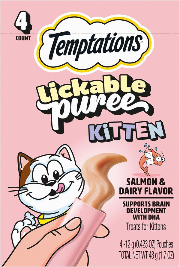 Temptations Lickable Puree Kitten Cat Treats, Chicken & Salmon, 48 Count | Chicken & Salmon, DHA Supports Brain Development, High Moisture for Hydration, under 15 Cal/Pouch, No Added Sugar or Fillers12