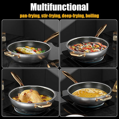 Wok Pan, Hybrid Nonstick Wok with Lid,Induction Non Stick Stainless Steel Large Deep Woks&Stir-Fry Pans,Stay-Cool Handle Skillets,Pfoa Free Cookware,With Lid,11.81In7