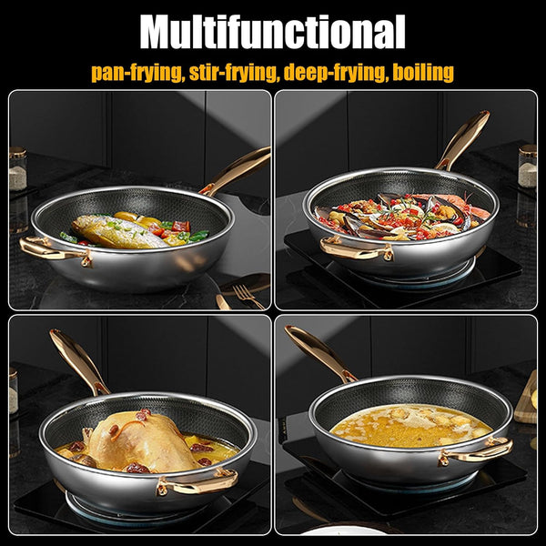 Wok Pan, Hybrid Nonstick Wok with Lid,Induction Non Stick Stainless Steel Large Deep Woks&Stir-Fry Pans,Stay-Cool Handle Skillets,Pfoa Free Cookware,With Lid,11.81In7