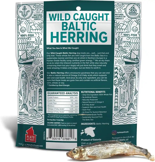 Plato Pet Treats Fish Dog Treats - Air-Dried, Single Ingredient Pet Treat - Omega 3 & 6 Fatty Acids to Support Skin and Coat - 100% Whole Fish - Wild Caught Baltic Herring - 3Oz - 2 Pack2