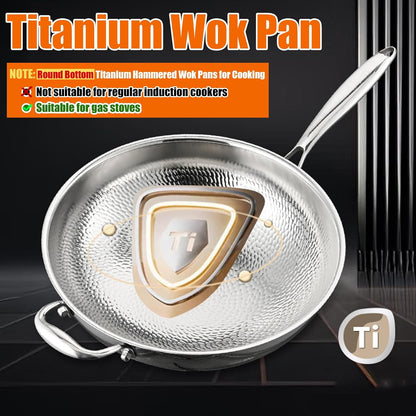 Titanium Hammered Wok, 2026 Upgrade Double-Side Hammered Frying Pans Nonstick, Non-Stick Wok,Durable Scratch-Resistant Non Stick Titanium Pans for Cooking,With Lid,14In3