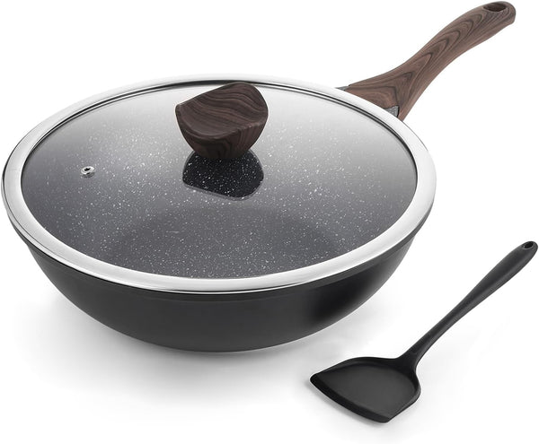 Nonstick Wok with Lid, 12 Inch Woks & Stir-Fry Pans, Granite Stone Coating for Cooking, Induction Cookware, Compatible with All Stovetops, PFOA Free1