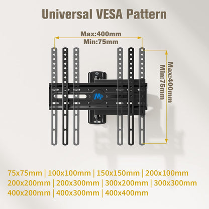 TV Wall Mount Swivel and Tilt for 26-55 Inch TV up to 60 Lbs | TV Mount Perfect Center Design, Full Motion TV Mount Bracket with Articulation, Max VESA 400X400Mm, MD23777