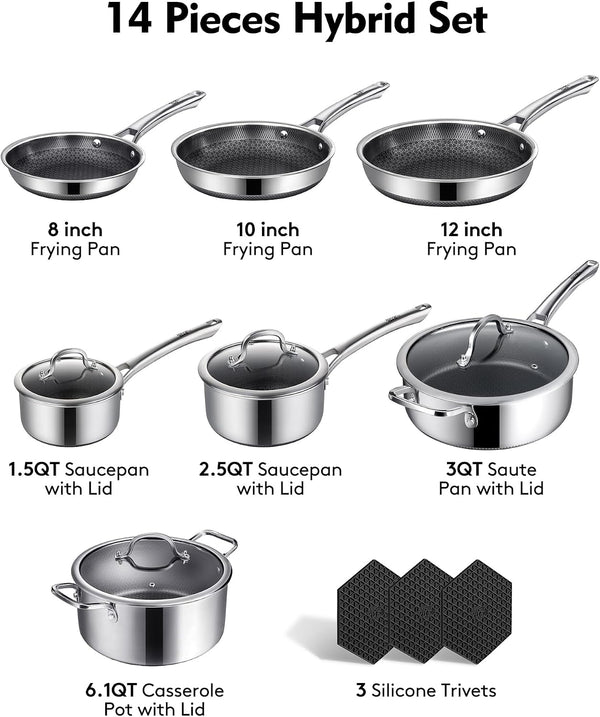 Pots and Pans Set Non Stick | Stainless Steel Kitchen Cookware | 14 Pcs | PFOA Free | Hybrid | Induction Compatible | Frying Skillet, Saucepans, Saute Pan & Stock Pot4