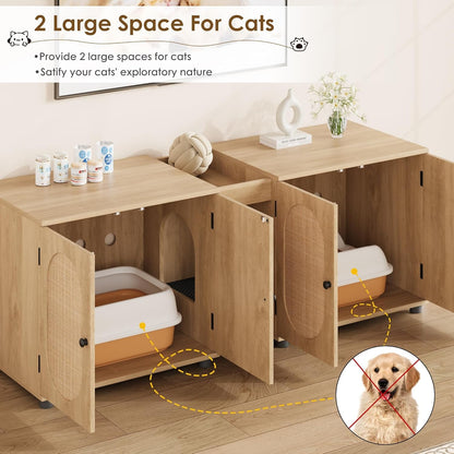 Garvee 55.1" Double Litter Box Enclosure, Boho Cat Box Furniture for 2 Cats, Cat Litter Box Furniture Hidden with Cat Scratch Pad, Large Indoor Pet House with Double Room, Wood Color | Double Room Design, Fits Most Litter Boxes, Built in Litter Mat, Double Roller Latch, Storage Cubby, Ventilated Cabinets5