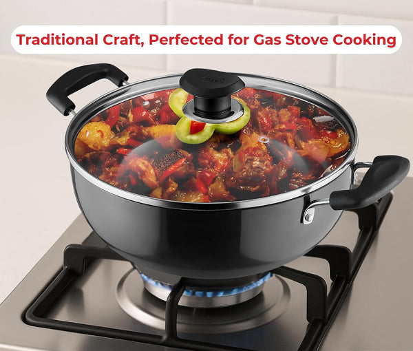 Cookware Professional Deep Kadhai – 2.1 Liters(2.2 Quarts) – 20Cm–Glass Lid Included – Multi-Use Hard Anodized Wok/Pot –Suitable for Indian Cooking, Sauces, Pasta, Stews, Soups – Riveted Handles3