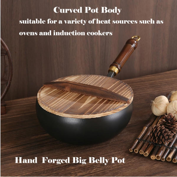 Suntuup Japanese Iron Pan, Non-Stick Iron Pan，Hand-Forged Flat Bottom Small Wok, Rust-Free for Cooker Gas Stir Fry Pans round Bottom with Lid (9.4In Hammer Pattern+Glass Lid)3