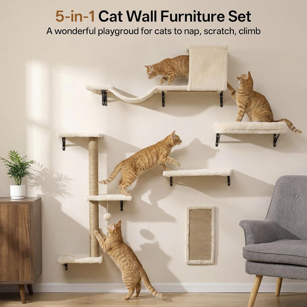 MEWANG 5-In-1 Cat Wall Shelves: Cat Climbing Furniture with Wall Mounted Perch & Lounge for Indoor Cats, Space-Saving Wall Pet Shelves for Play & Rest - Beige3