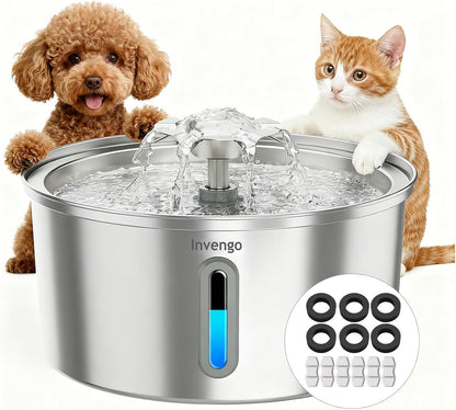 Cat Water Fountain Stainless Steel 3.2L/108Oz, Invengo Automatic Pet Fountain for Cats & Dogs, Ultra Quiet <25 Db Pump, Includes 4 Replacement Filters & Sponges, LED Water Level Window, Easy to Clean9