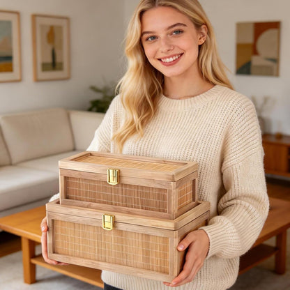 Natural Bamboo Decorative Box with Lids, Unique Decorative Boxes Set of 2, Boho Wedding Keepsake Box, Memory Box with Lid for Crafts, Trinkets and Photo Storage7