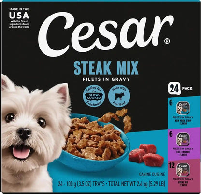 Cesar Filets in Gravy Wet Dog Food, Steak Mix Variety, 3.5 Oz, 24 Count | Filet Mignon, New York Strip & Prime Rib, Real Meat, Slow-Cooked, No Fillers/Added Sugar/Artificial Flavors, Easy Peel Trays1