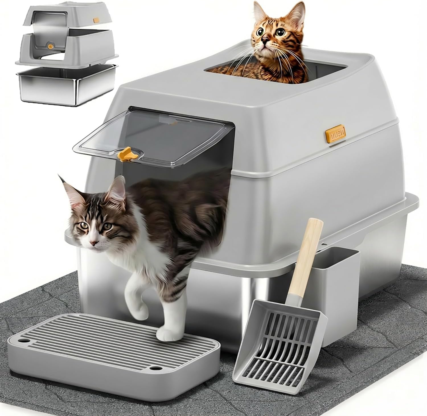 stainless-steel-litter-box-with-lid-front-entry-top-exit-kitty-litterbox-extra-large-enclosed-metal-cat-box-with-litter-scoop-litter-mat-black