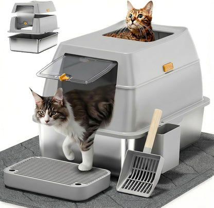 Stainless Steel Litter Box with Lid,Front Entry Top Exit Kitty Litterbox,Extra Large Enclosed Metal Cat Box with Litter Scoop & Litter Mat-Black11